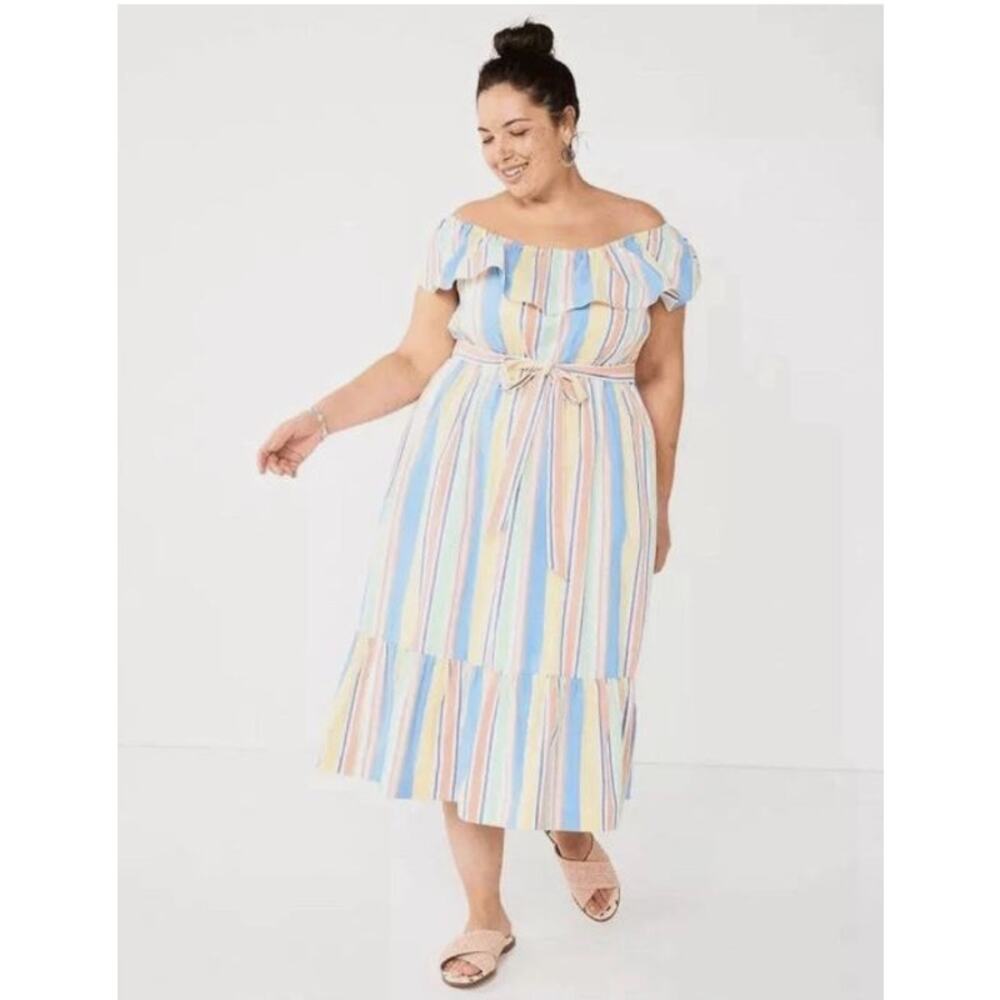 DRAPER JAMES RSVP Off Shoulder Ruffle Sleeve Striped Midi Dress 2X Plus Cotton